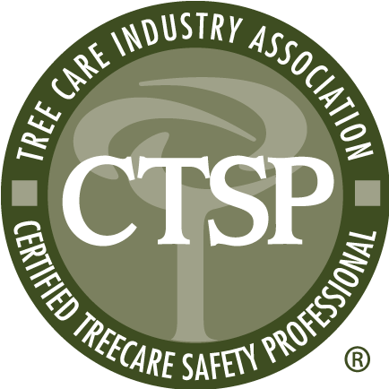 CTSP certification logo with white letters on olive green, reading Tree Care Industry Association Certified Treecare Safety Professional