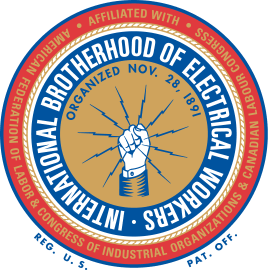 Circular logo for the International Brotherhood of Electrical Workers with a raised fist and blue-red border