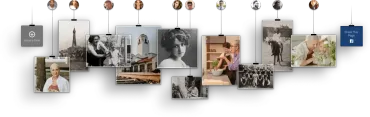 A collage of small hanging photos and cards arranged on a white wall, mixing portraits, city scenes, and decor.