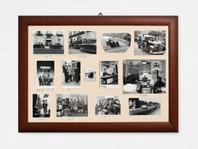 Collage incorniciato di foto vintage in bianco e nero esposto su una parete