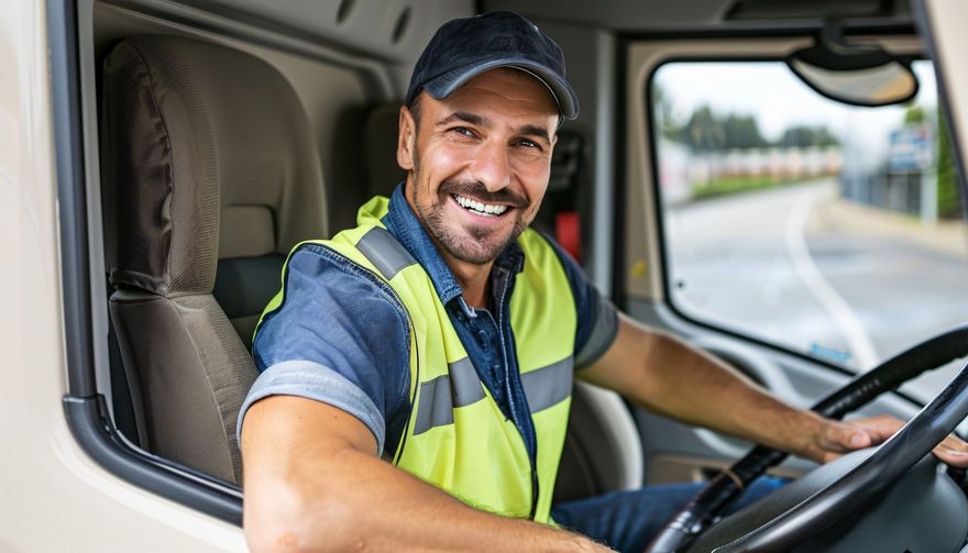 Un camionista sorridente con il giubbotto di sicurezza è seduto in cabina e tiene il volante.