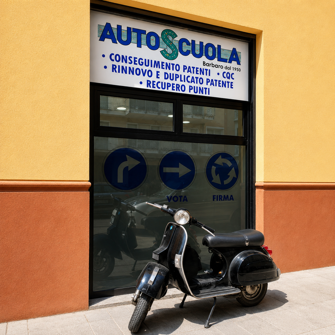 Scooter nero parcheggiato davanti a un negozio Autoscala con insegna blu e pareti arancioni.