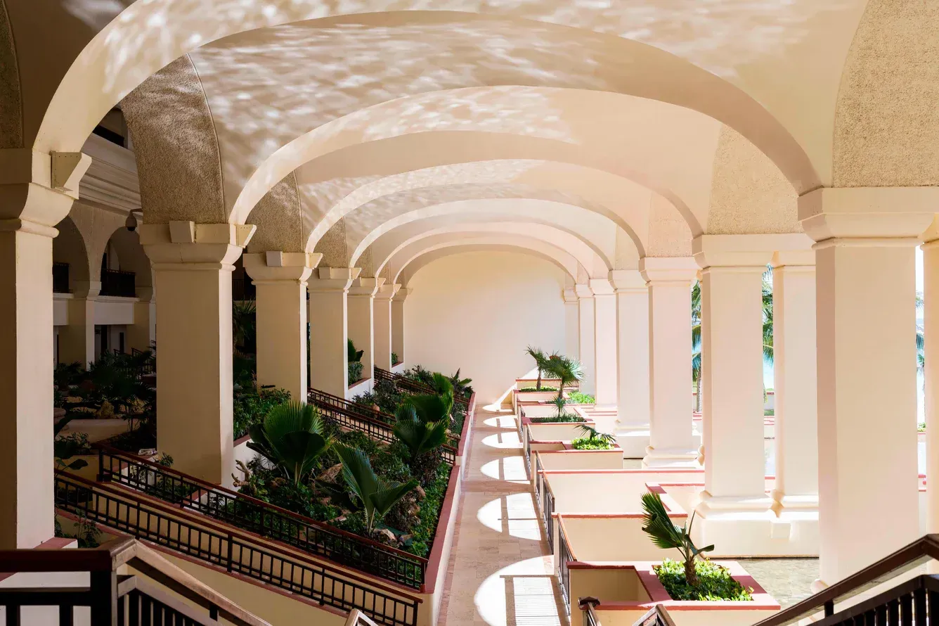Bright open interior space with arched, translucent ceiling and a view of blue sky.