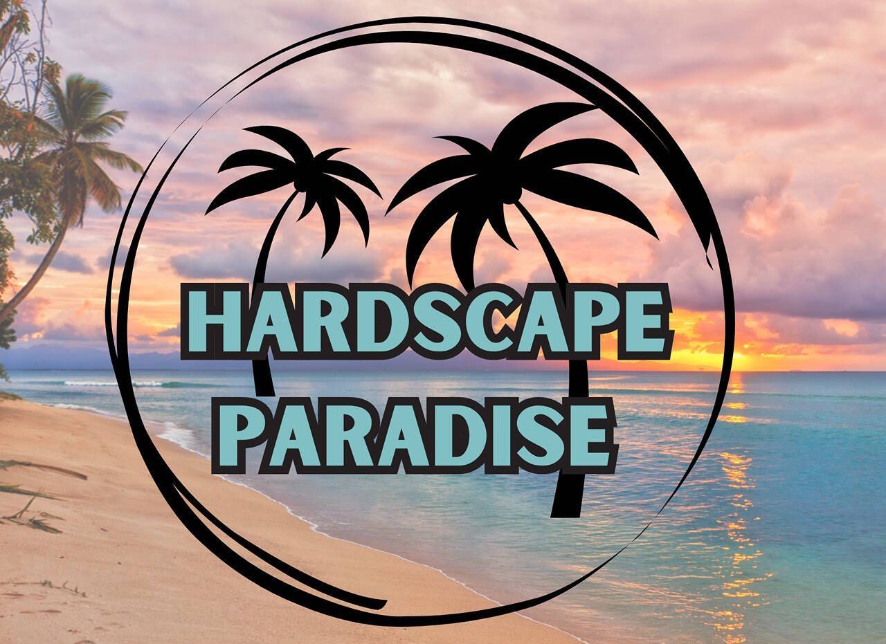 "Hardscape Paradise" logo with palm trees, set against a beach and sunset.