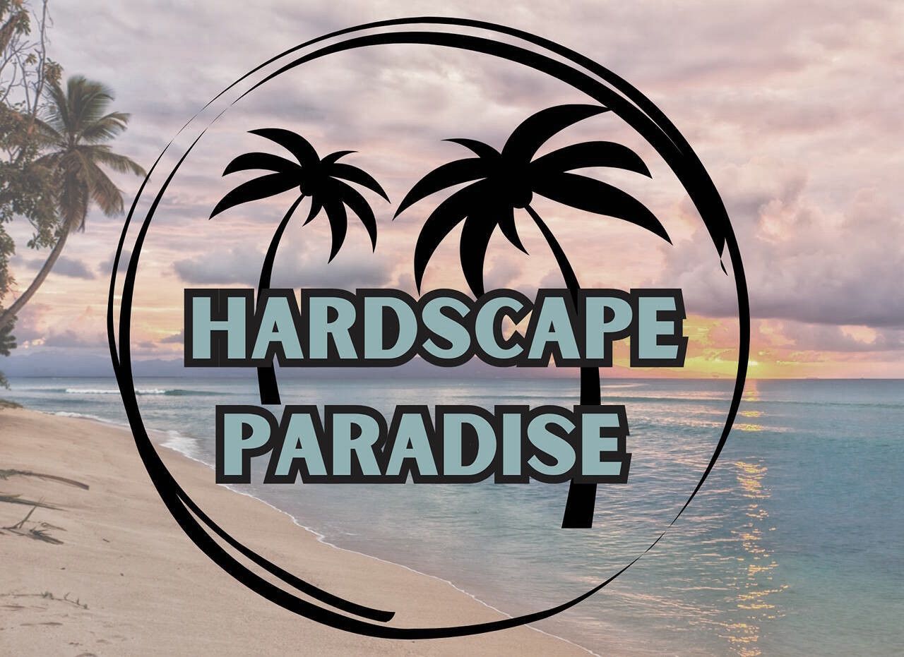 Logo with palm trees and beach scene, text reads 