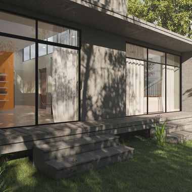 Exterior view of a modern house with large windows, steps leading to the entrance, and surrounding greenery. Shadows of trees are cast on the building.