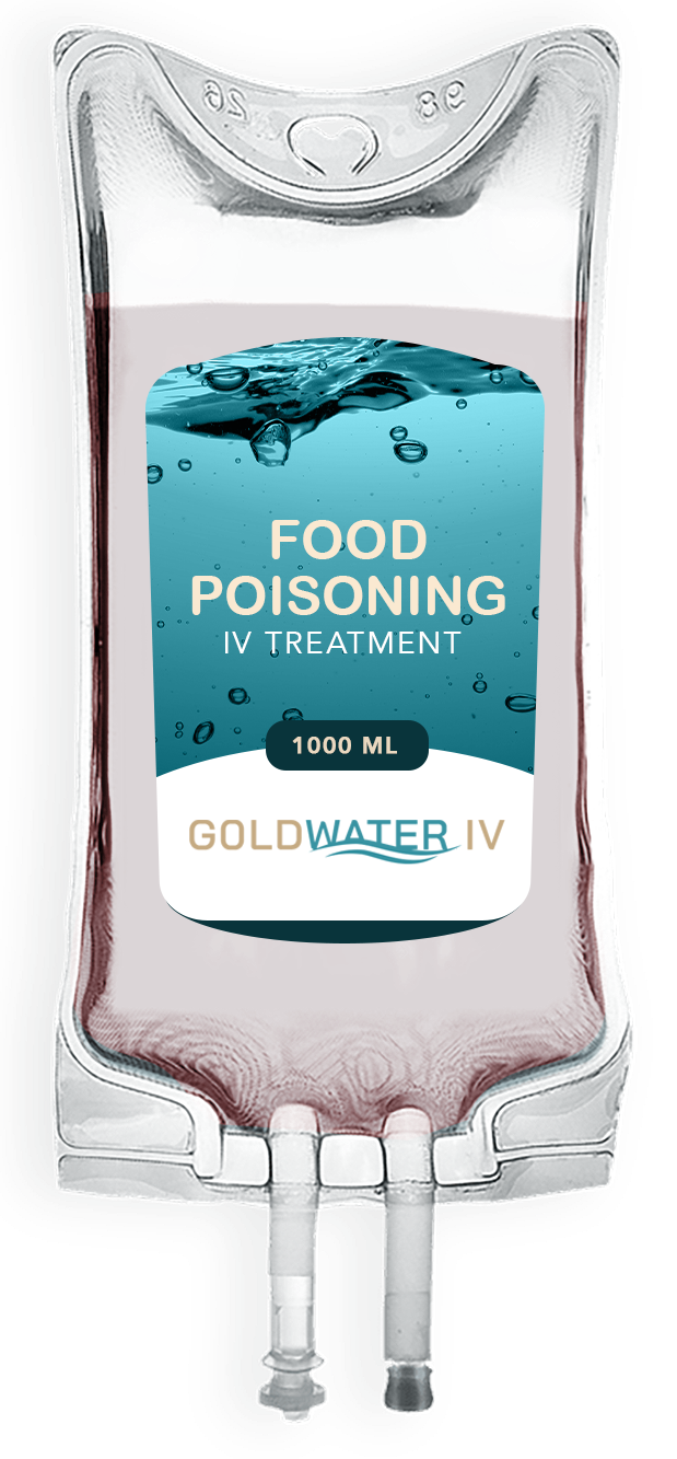 Transparent IV bag labeled “Food Poisoning IV Treatment” with blue liquid and a gold water logo