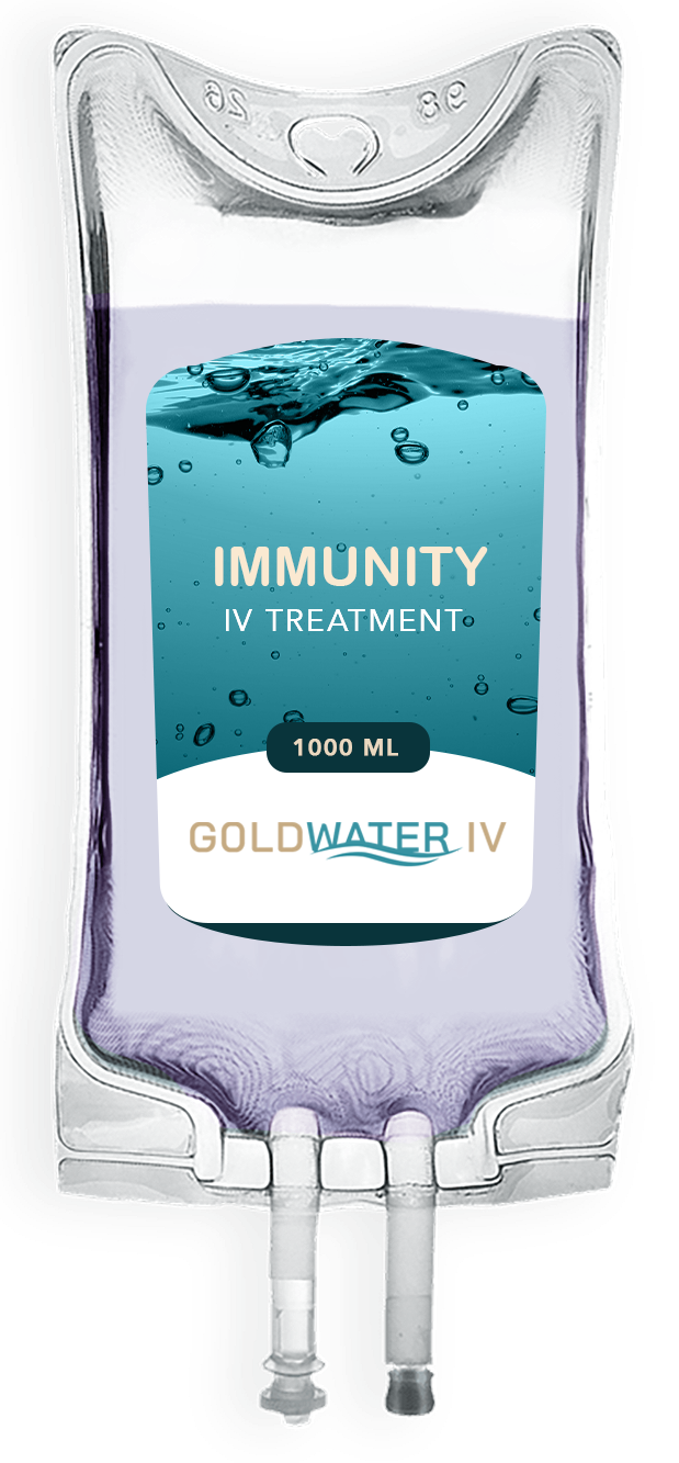 Clear IV bag labeled “Immunity IV Treatment” with blue liquid and tubing connectors