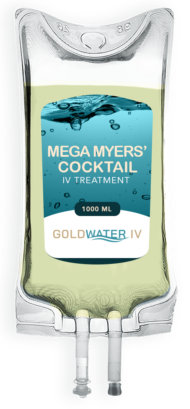 Goldwater IV IV treatment bag labeled “Mega Viver’s Cocktail IV Treatment,” with blue liquid graphic