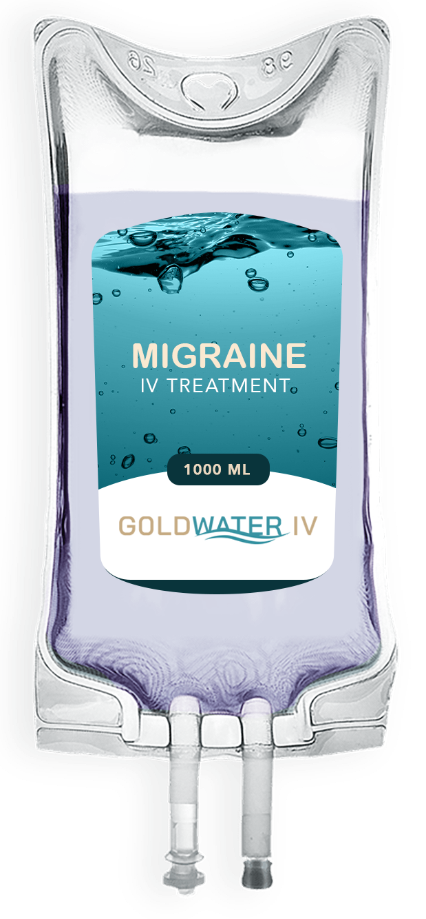 IV fluid bag labeled “Migraine In Treatment” with blue liquid graphic and Goldwater IV branding