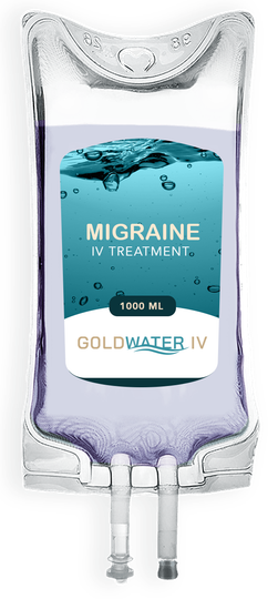 IV fluid bag labeled “Migraine In Treatment” with blue liquid graphic and Goldwater IV branding