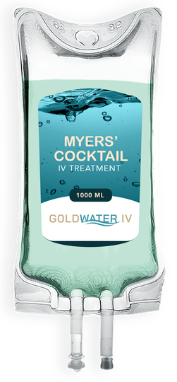 IV fluid bag labeled “Myers’ Cocktail” with blue liquid and Goldwater IV branding