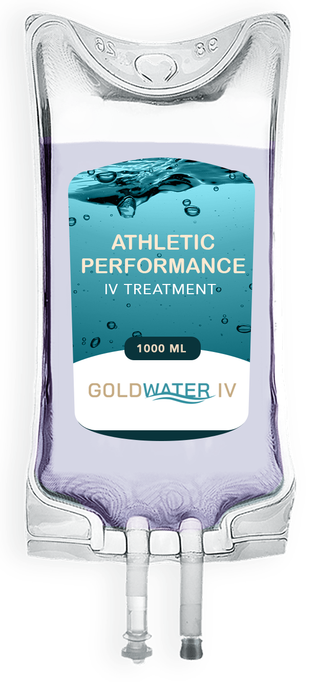 Goldwater IV athletic performance IV bag with a blue product label and clear fluid