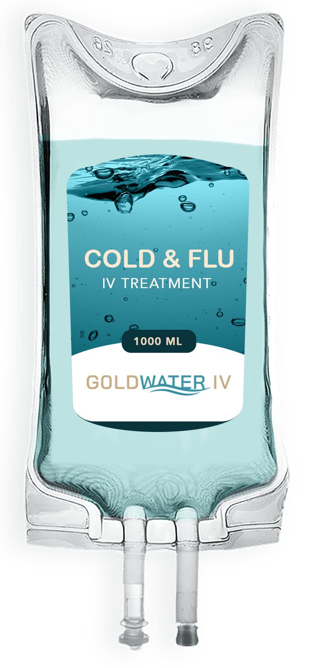 Cold & flu IV treatment bag with blue liquid and goldwater IV branding