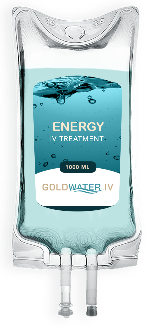 IV hydration bag labeled “Energy IV Treatment” with blue liquid and “Goldwater IV” branding
