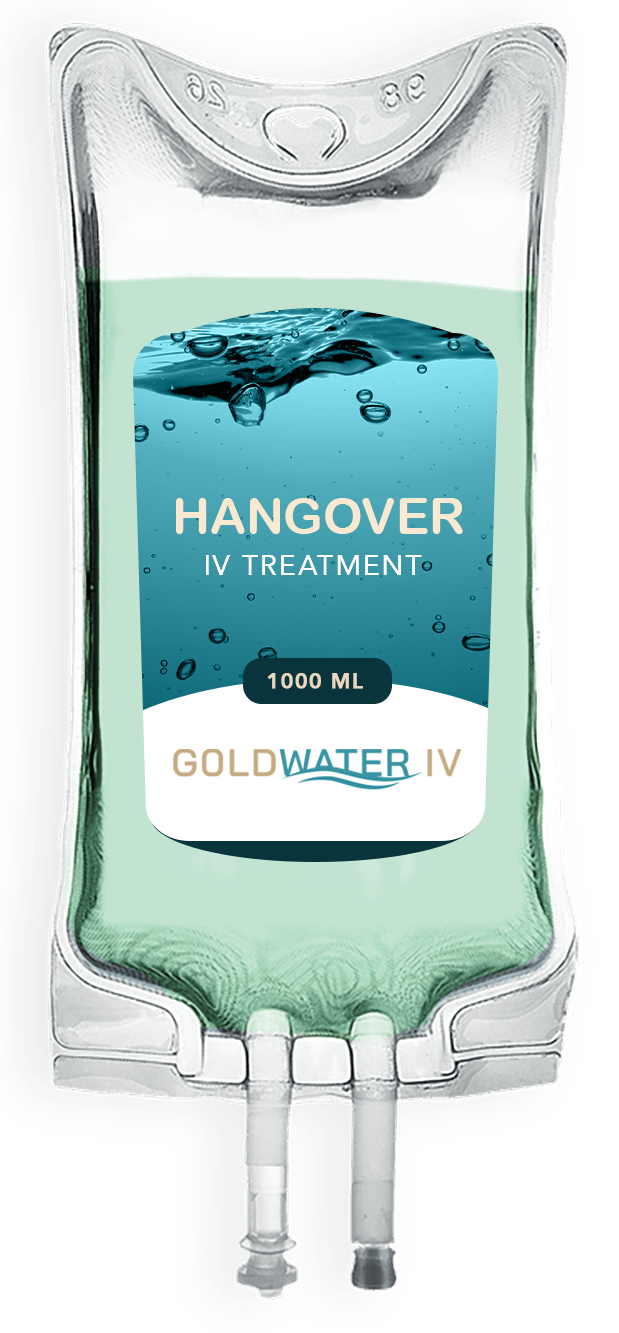 IV bag labeled &ldquo;Hangover Treatment&rdquo; with clear blue liquid and Gold Water IV branding