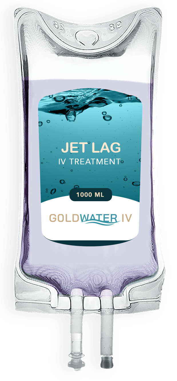 Goldwater IV Jet Lag IV treatment IV bag with blue liquid and hanging ports