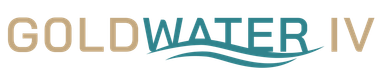 Goldwater IV logo in gold and teal with stylized wave lines underneath