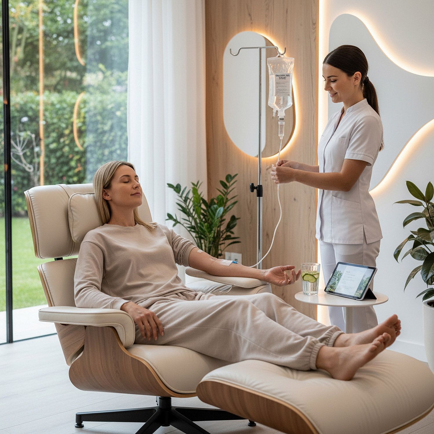 Person resting in a lounge chair while a clinician adjusts an IV in a bright wellness clinic