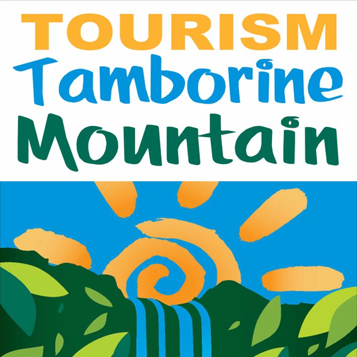 Tourism Tamborine Mountain logo with blue and green landscape and orange sun swirl