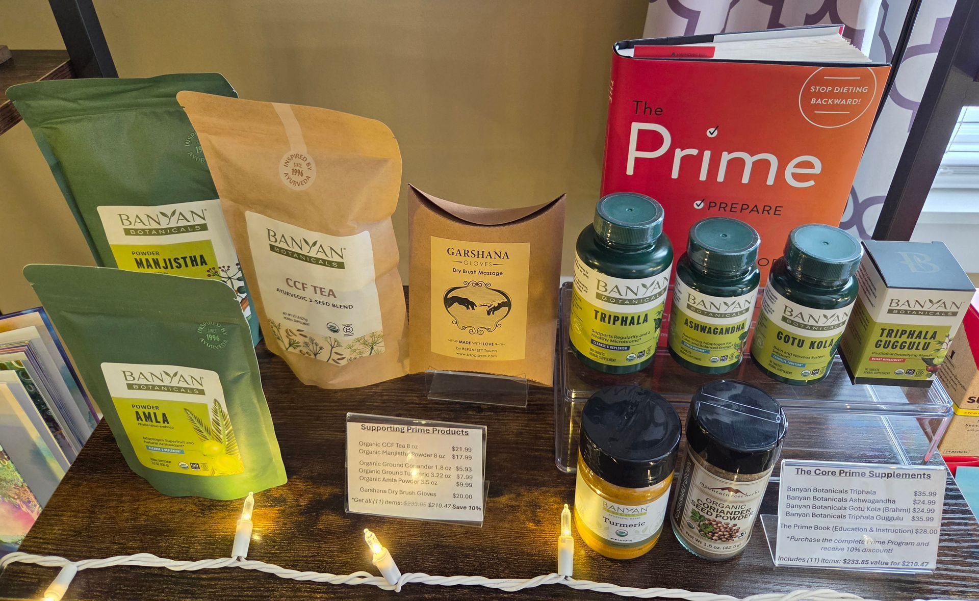 A shelf with a box that says prime on it