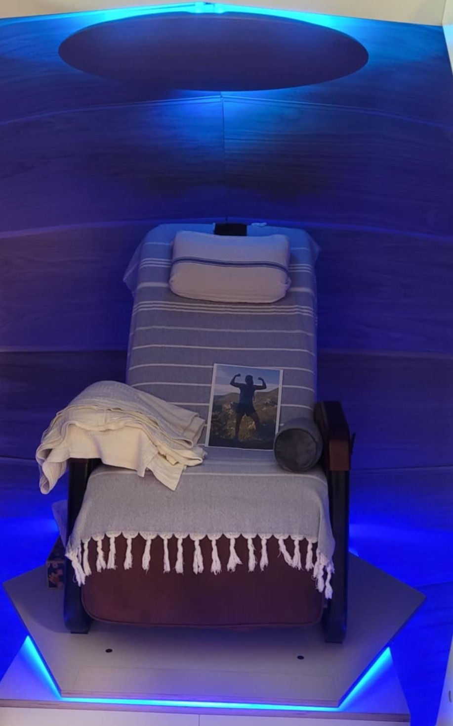 A chair with a picture of a man on it