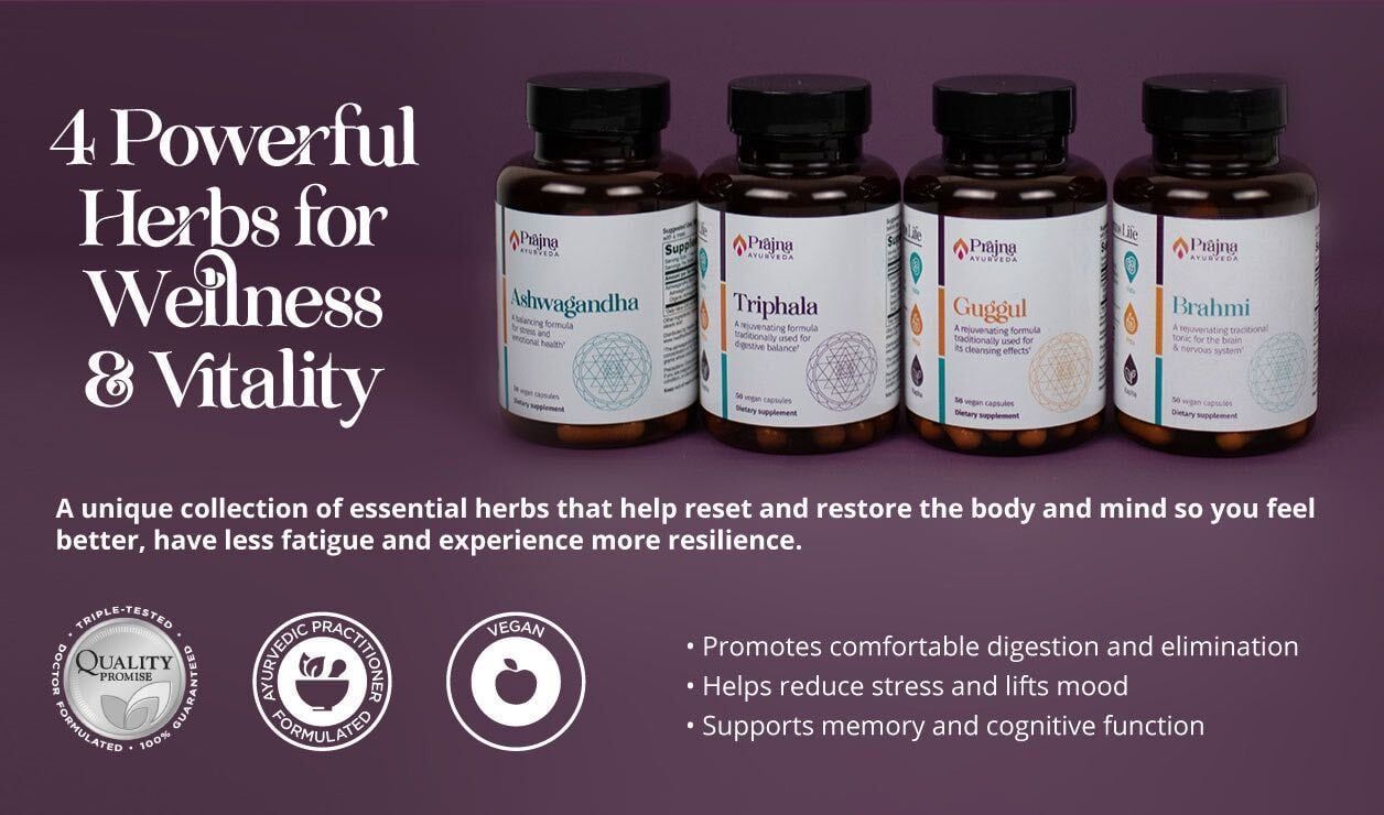 Four bottles of herbs for wellness and vitality are lined up in a row