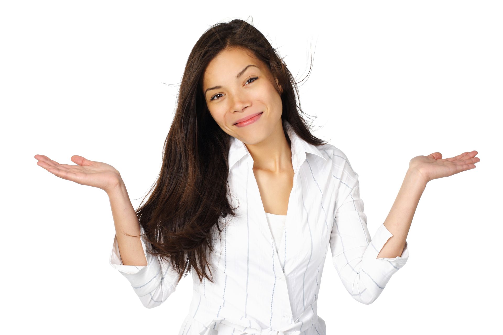 A woman in a white shirt is shrugging her shoulders.