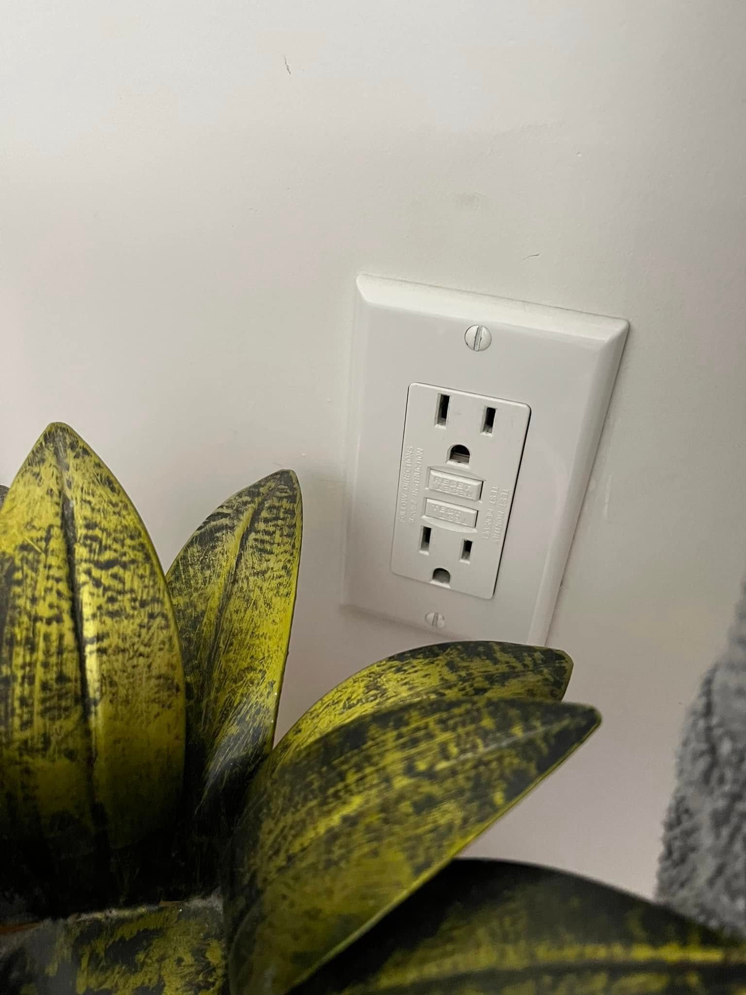 White electrical outlet on a white wall. Yellow and black flower in the foreground.