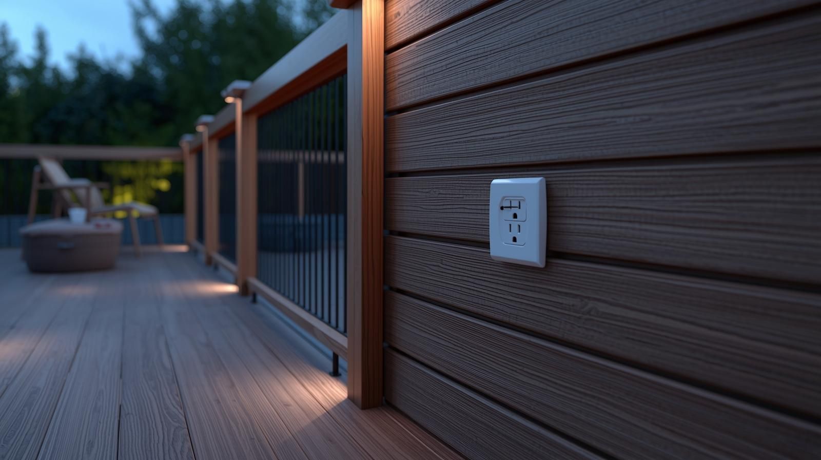 Outdoor deck with a wood railing and electrical outlet.