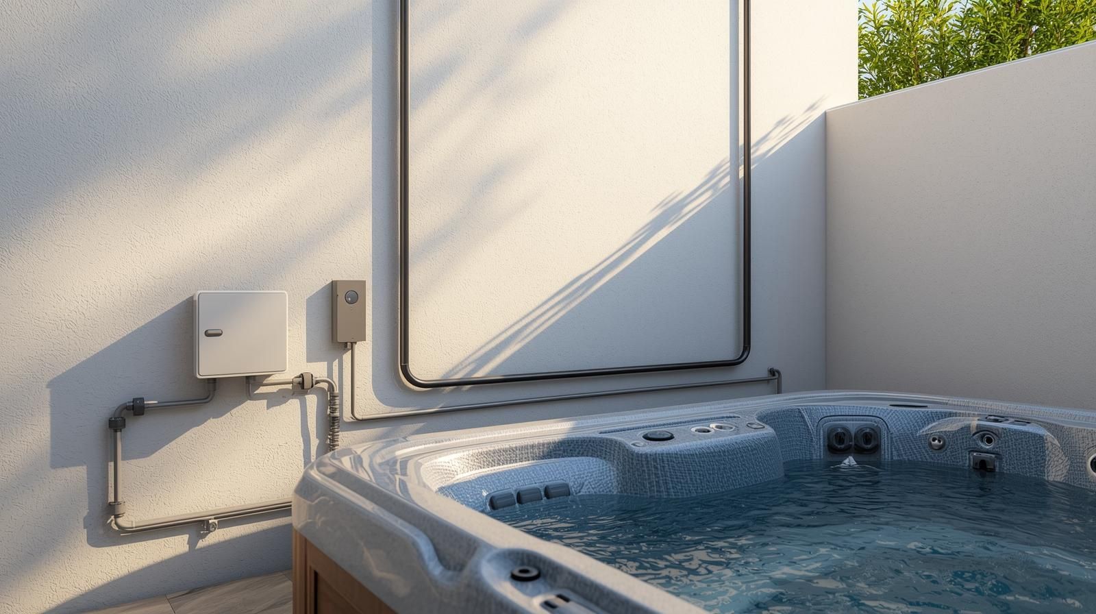 Hot tub with water, next to a white wall with an access panel. Wiring and a small box are attached.