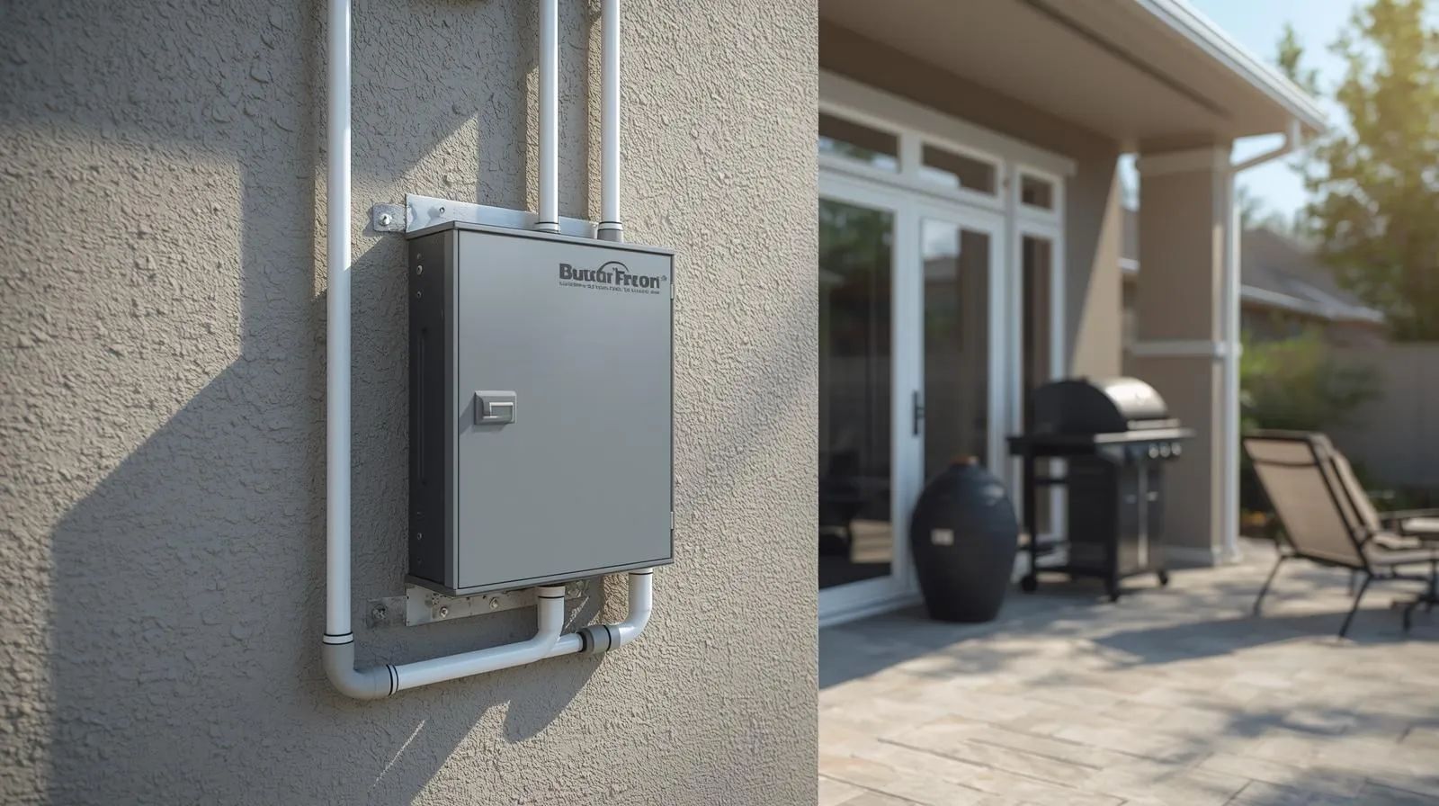 Gray electrical box mounted on a stucco wall beside a patio with chairs and a grill