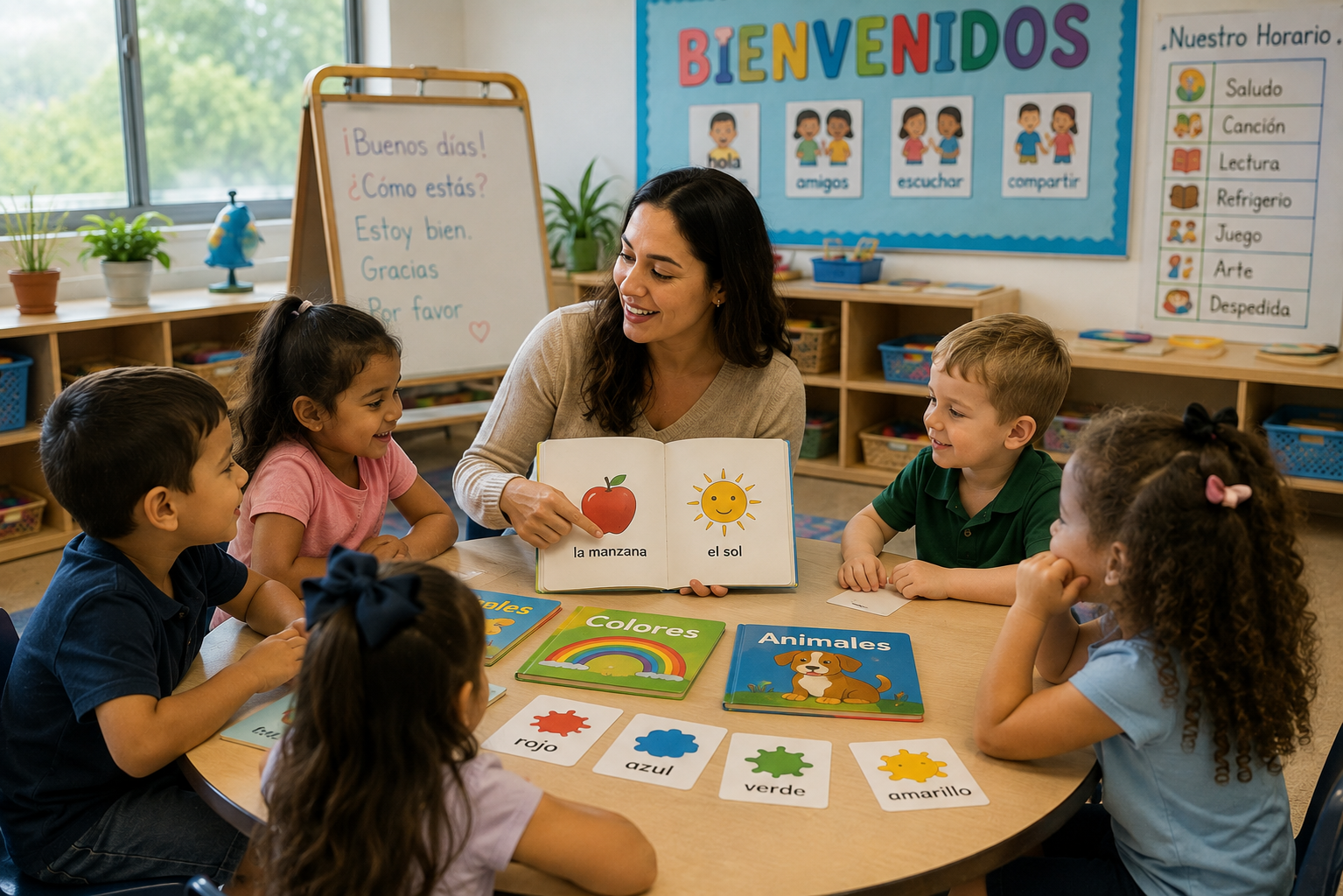 Preschool children learning Spanish through a classroom activity with their teacher.