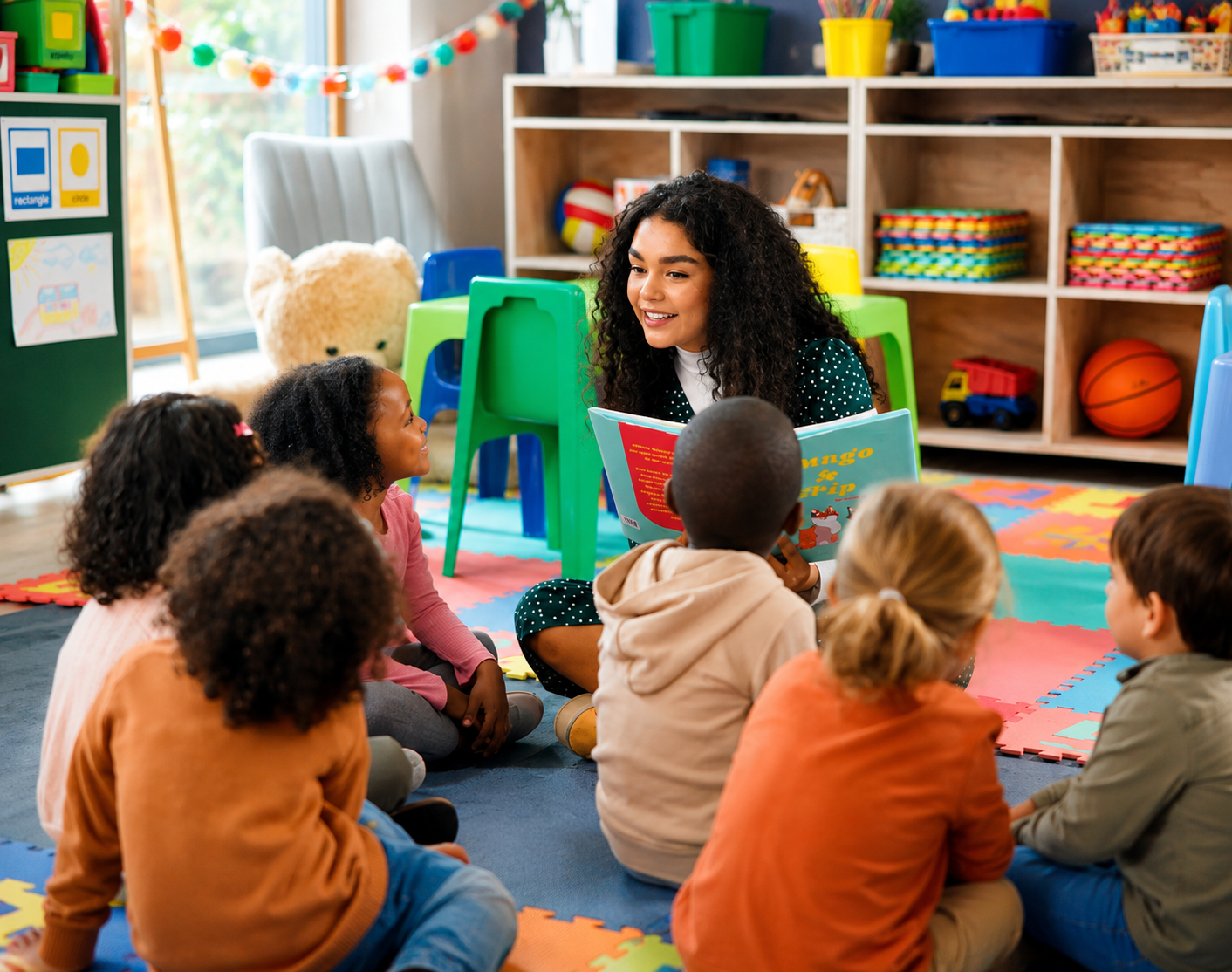Preschool teacher reading with young children during a bilingual learning activity in an Oviedo clas