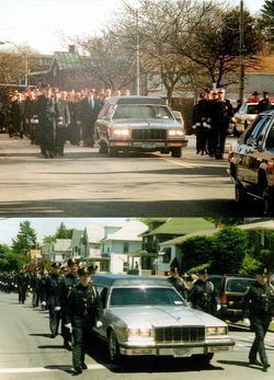 Two funeral procession photos: a hearse leads uniformed escorts down a street.