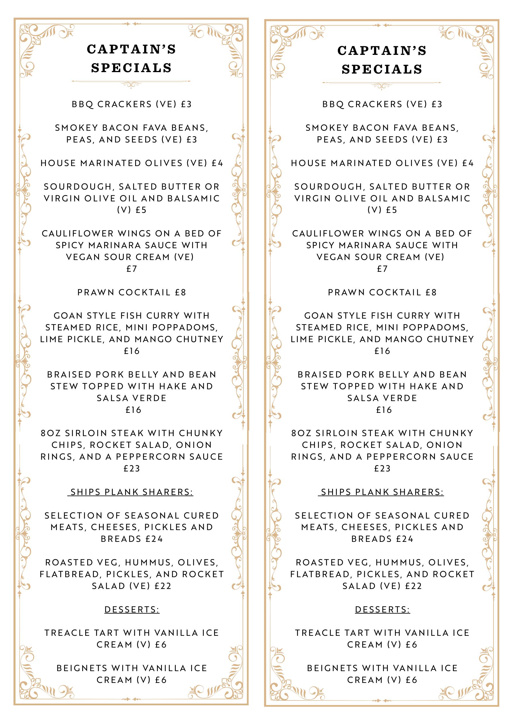 Two narrow restaurant menu pages with ornate borders and black text on a cream background.