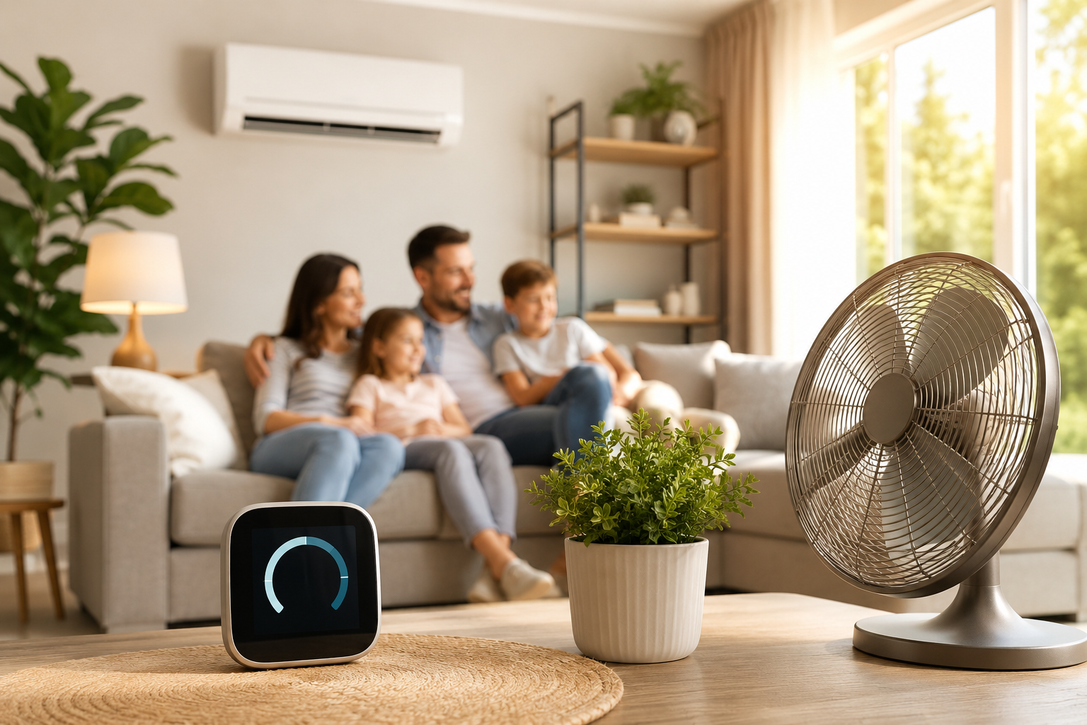 Family relaxing on a couch in a bright living room with a fan, potted plant, and air conditioner nearby