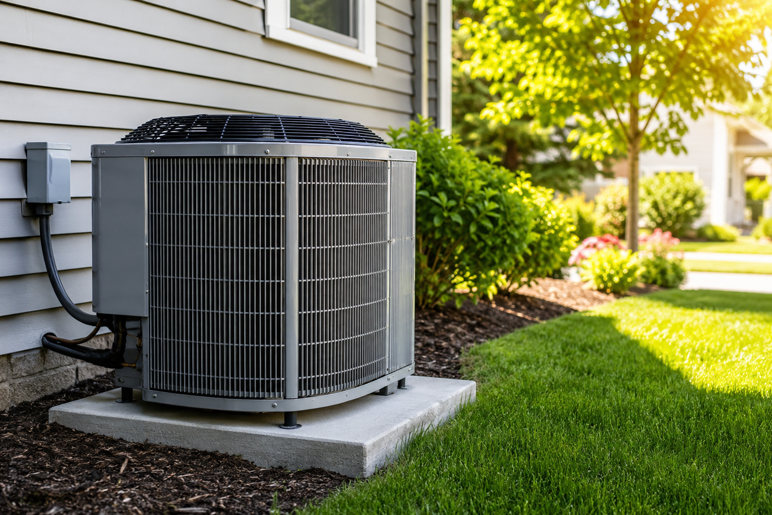 Outdoor air conditioner unit beside a house, sitting on a concrete pad in a sunny green yard