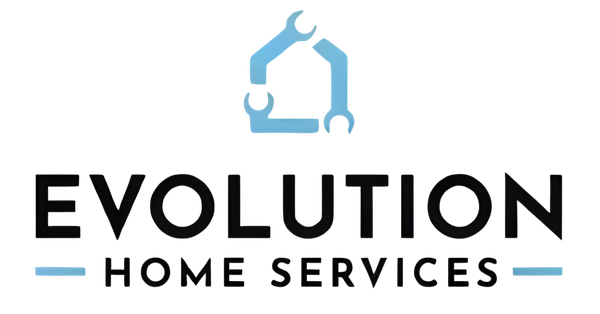 Logo for Evolution Heat & Air, featuring a house outline made of blue wrenches above the company name in black and red.