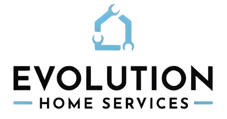 Logo for Evolution Heat & Air, featuring a house outline made of wrenches above black and red text with light blue lines.