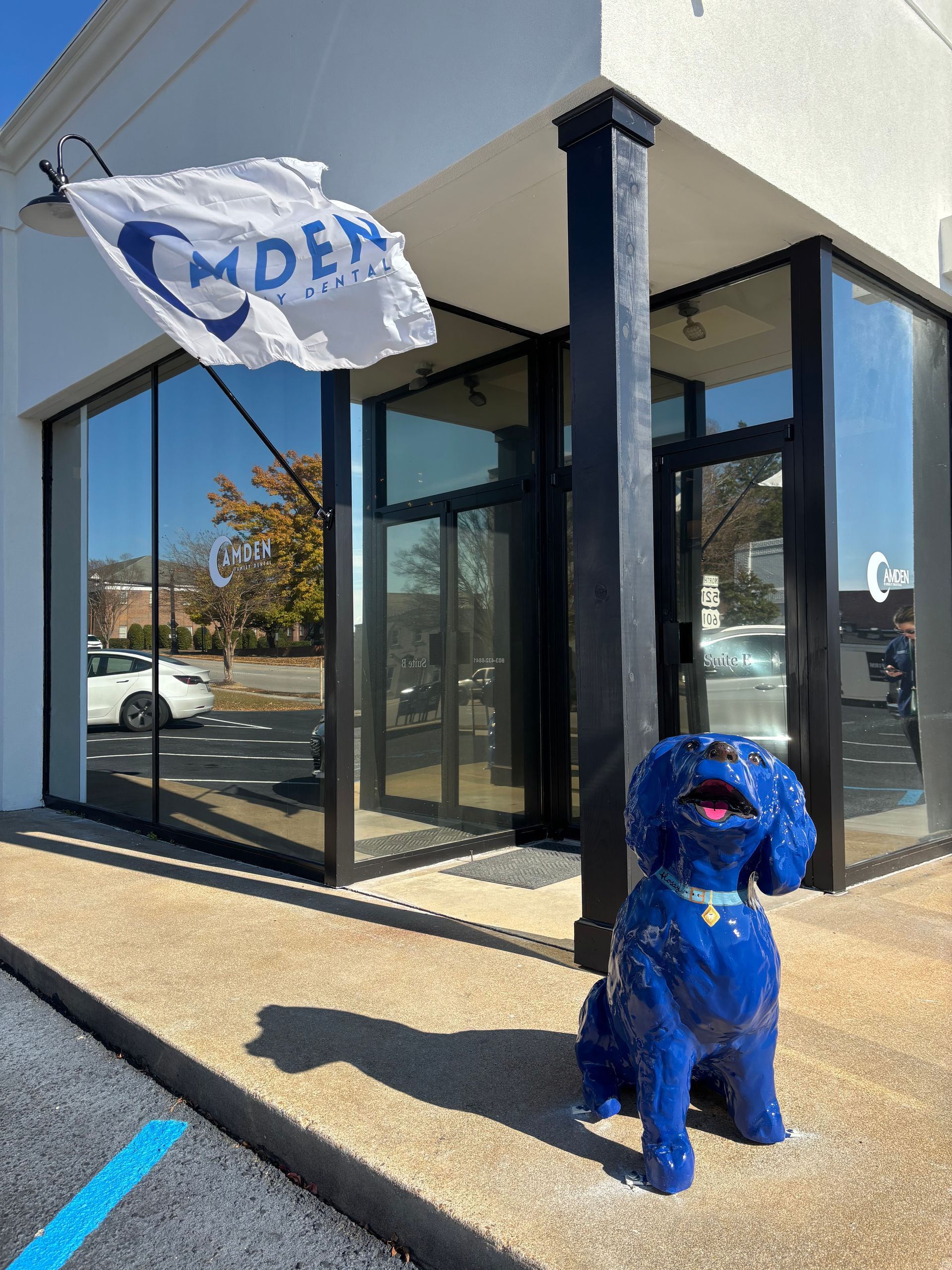 Blue dog statue outside Camden Properties office with a waving flag.