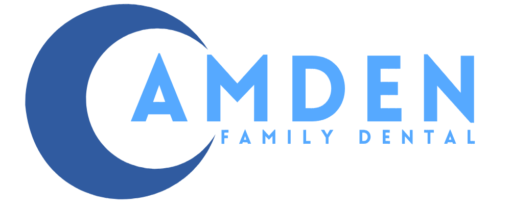 Logo for Camden Family Dental: Blue crescent, text 