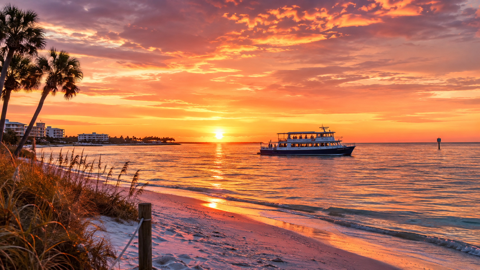 Sunset over a sandy Gulf Coast beach, with palm trees along the shore and a passenger boat on the water.