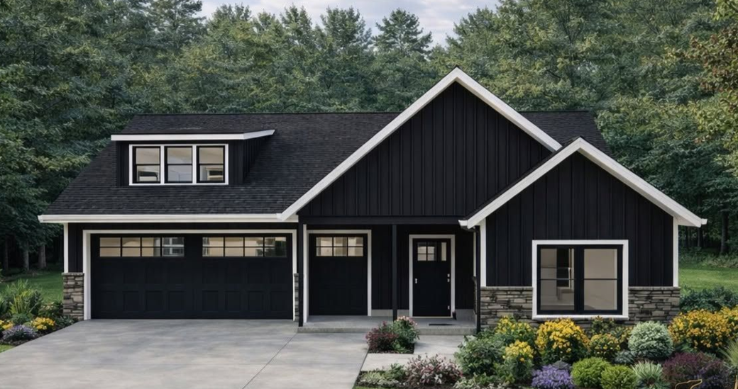 Modern black farmhouse with two-car garage and landscaped front yard
