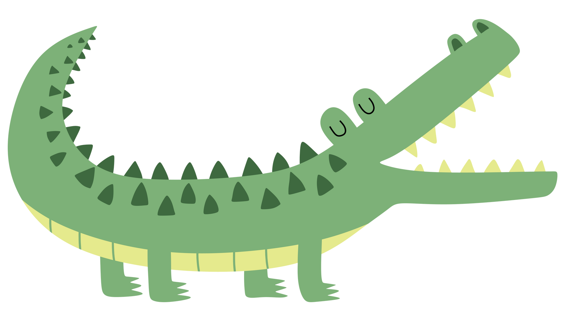 A green crocodile with its mouth open on a white background.