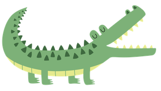 A green crocodile with its mouth open on a white background.
