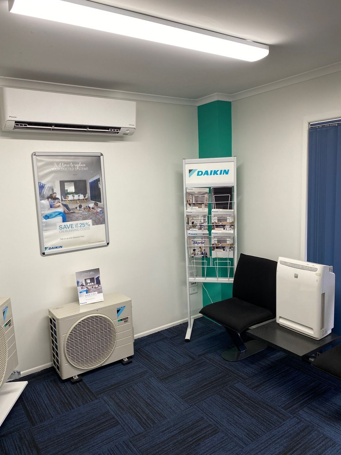 Small Office Waiting Room With Blue Carpet — Enterprise Air That's Cool In Svensson Heights, QLD
