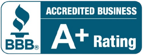 BBB Accredited Business with an A+ Rating, white text on a blue background, with a torch logo.