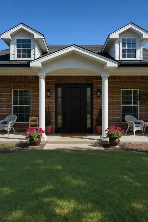 Brick house front porch with dormer windows, double doors, white chairs, and potted flowers by a green lawn