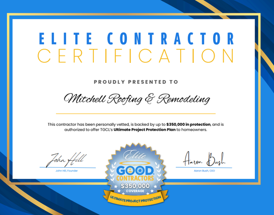 Elite Contractor Certification award certificate with blue and gold border for Mitchell Roofing & Remodeling